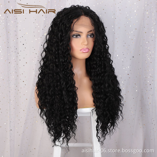Aisi Hair 24 Inch Long Curly Wave Natural Black Swiss Lace Wig Afro Kinky Style Synthetic Lace Frontal Hair Wigs For Black Women